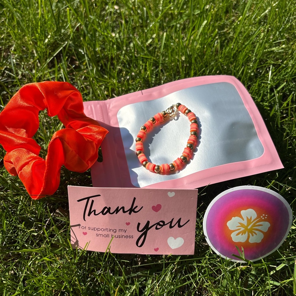 Vibrant Orange Beaded Bracelet and Scrunchie Set